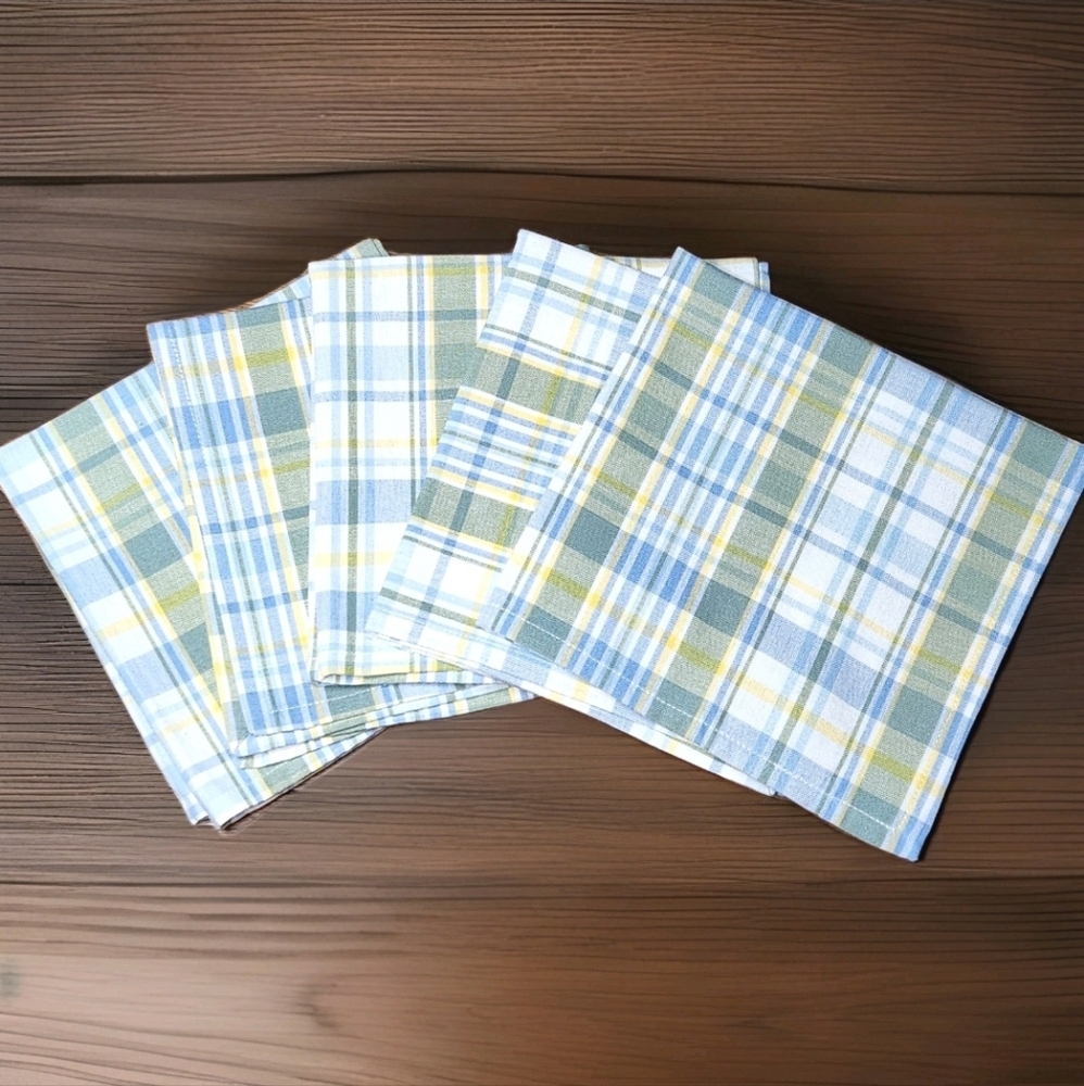 Set of 5 NWOT Park Designs Sarasota Plaid Cloth Napkins Blue Sage Yellow